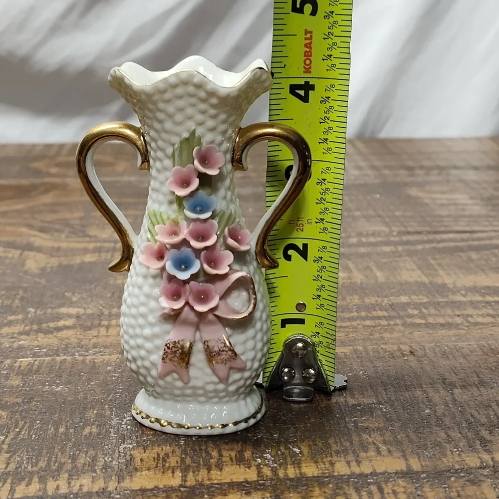 Vintage Miniature Hobnail Vase White Porcelain w/ Handles Pastel Pink blue gold